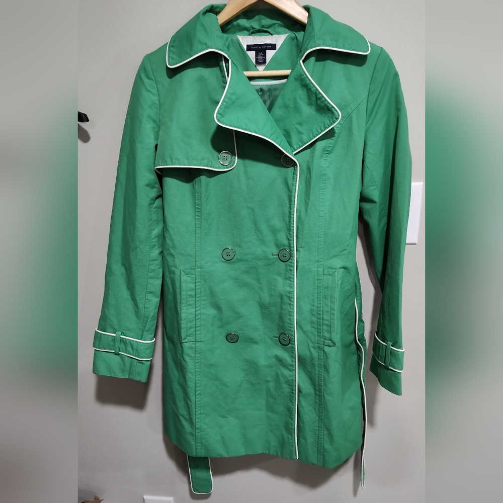 Tommy Hilfiger Women's Kelly Green Double Breasted Belted Trench Coat, Size S - Picture 7 of 11